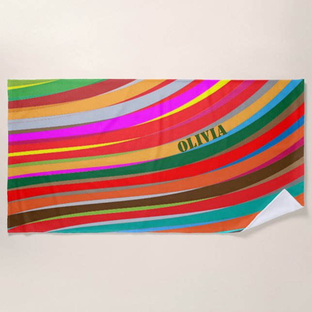 Colourful Rainbow Wave Olive Green Name Beach Towel (Front)