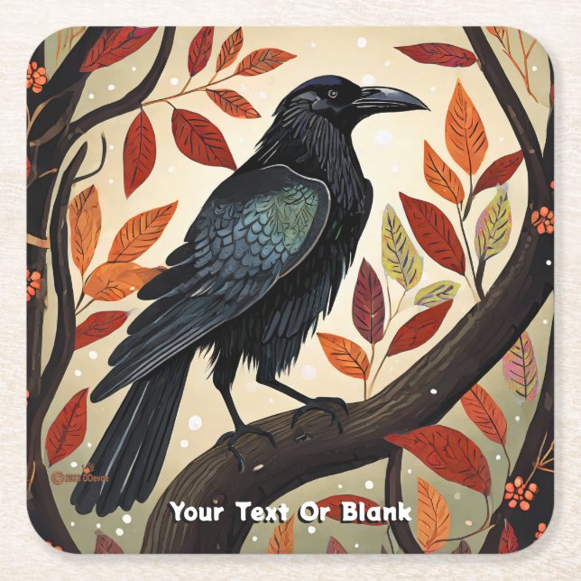 Colourful Raven Perched in a Tree Square Paper Coaster (Front)
