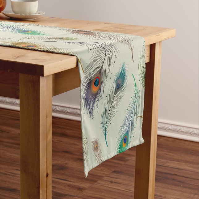 Colourful Realistic Peacock Bird Feathers Short Table Runner (In Situ)