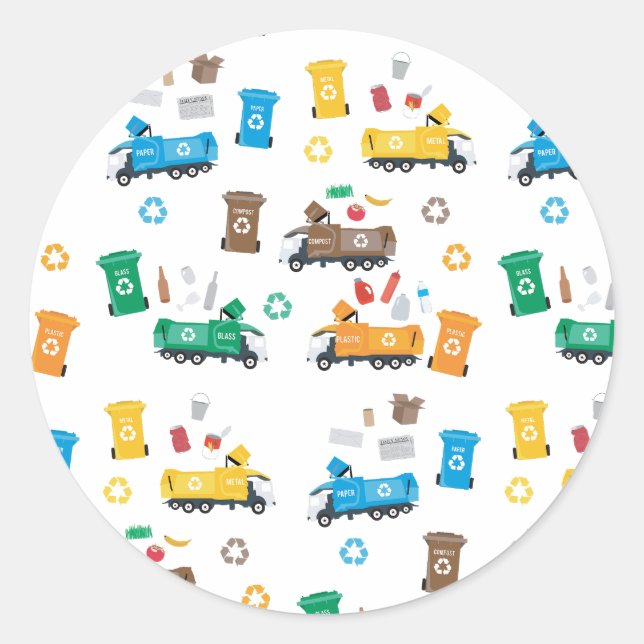 Colourful Recycling Garbage Trucks & Bins Classic Round Sticker (Front)