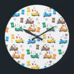 Colourful Recycling Garbage Trucks & Bins  Large Clock<br><div class="desc">A cute colourful recycling garbage truck pattern with recycling bins and recyclables. Green,  blue,  yellow,  brown and orange recycling garbage trucks recycling paper,  plastic,  metal,  glass and compost. Perfect for any garbage truck enthusiast big or small.</div>