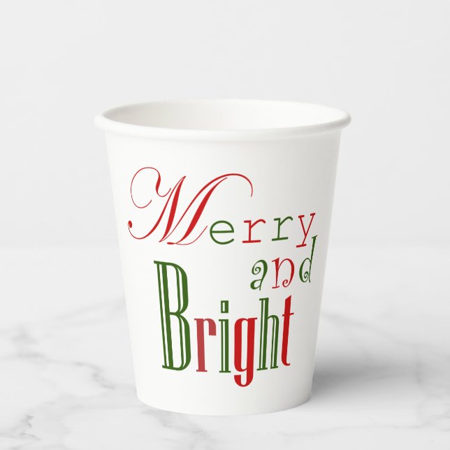 Colourful Red and Green Merry and Bright Paper Cup (Front)