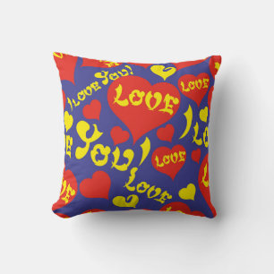 Colourful Red, Blue and Yellow Love and Hearts Cushion
