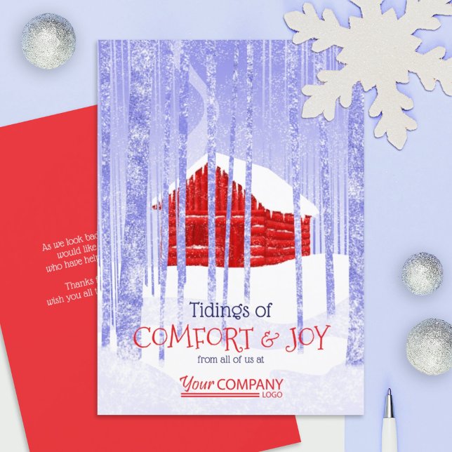 Colourful Red Blue Company Christmas Rustic Cabin Card (blue & red company holiday cards, red business logo Christmas greeting cards, red cabin snow forest)