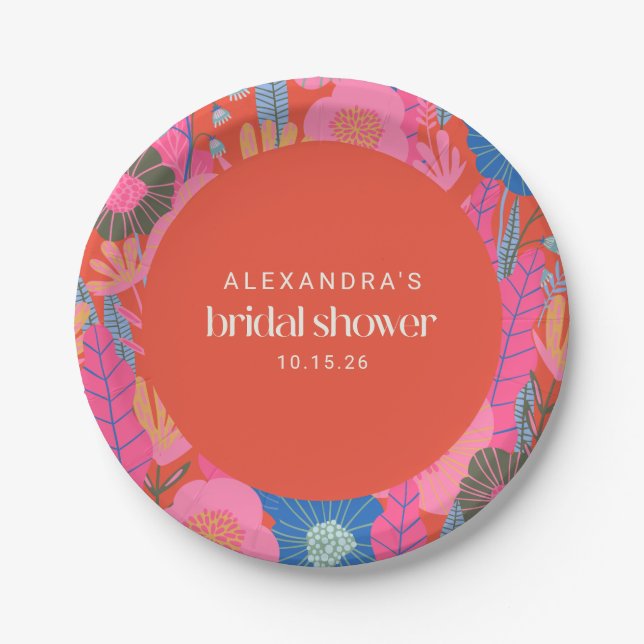 Colourful Red Boho Floral Custom Bridal Shower  Paper Plate (Front)