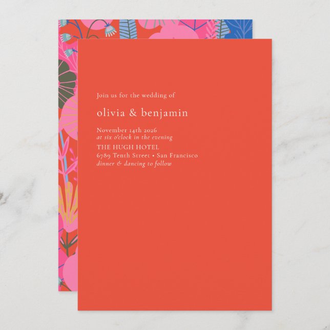 Colourful Red Boho Floral Minimalist Modern Weddin Invitation (Front/Back)