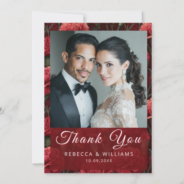 Colourful Red Carnation Charm Rustic Wedding Thank You Card (Front)