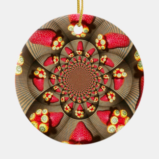 Colourful Red Delight: Strawberry Kaleidoscope Art Ceramic Tree Decoration (Front)