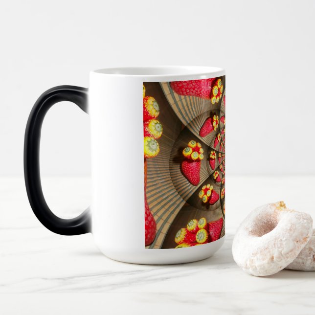 Colourful Red Delight: Strawberry Kaleidoscope Art Magic Mug (With Donut)
