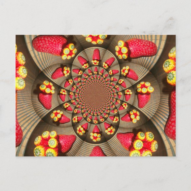 Colourful Red Delight: Strawberry Kaleidoscope Art Postcard (Front)