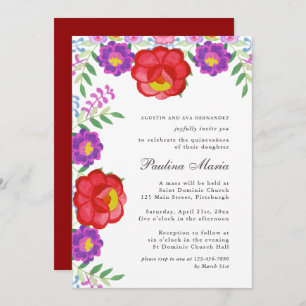 Colourful Red Fiesta Floral Quinceañera Invitation