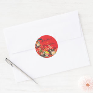 COLOURFUL RED FLORAL BOHO CLASSIC ROUND STICKER