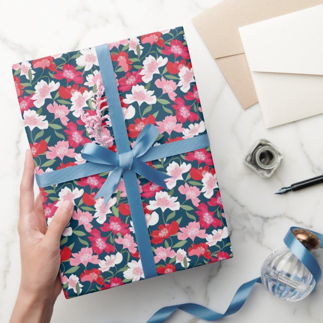 Colourful Red Floral Pattern Blue Wrapping Paper (Gifting)