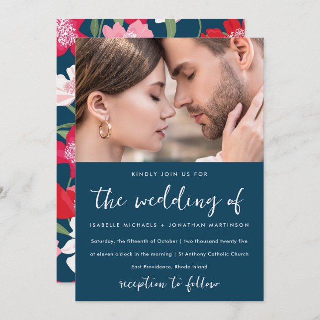 Colourful Red Floral Pattern Photo Wedding Blue Invitation (Front/Back)