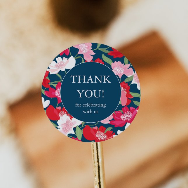 Colourful Red Floral Wedding Thank You Blue Classic Round Sticker (Creator Uploaded)