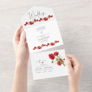 Colourful Red Floral Winter Wedding All In One In All In One Invitation