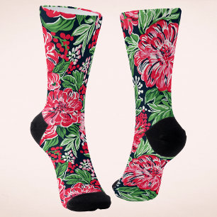 Colourful Red Green Winter Floral Christmas Socks