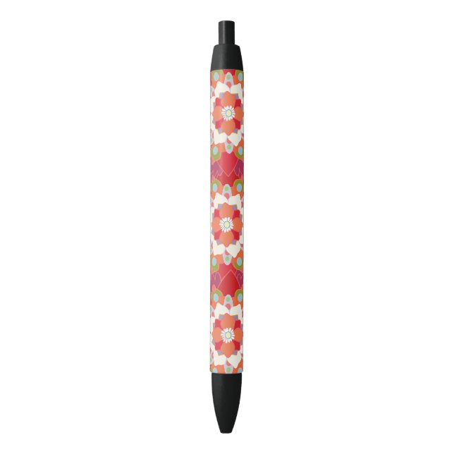 Colourful Red Lotus Floral Flower Pattern Black Ink Pen (Front Vertical)