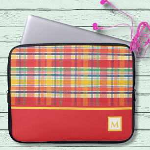 Colourful Red Madras Plaid Monogram Laptop Sleeve