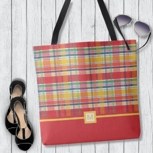 Colourful Red Madras Plaid Monogram Tote Bag