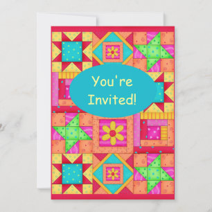 Colourful Red Orange Pink Patchwork Quilt Block Ar Invitation