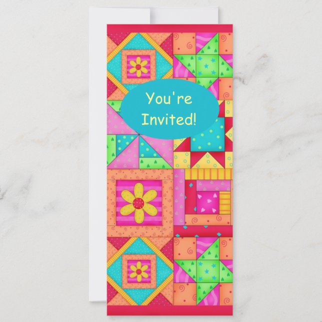 Colourful Red Orange Pink Patchwork Quilt Block Ar Invitation (Front)