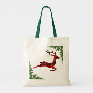 Colourful Red Plaid Reindeer Christmas Holiday Tote Bag