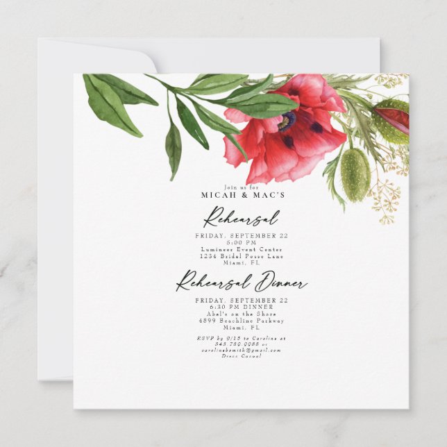 Colourful Red Poppy Rehearsal Square Invitation (Front)