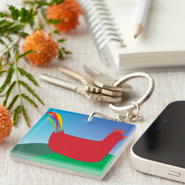 Colourful Red Rooster with Rainbow Tail on Hill  Key Ring (Creator Uploaded)