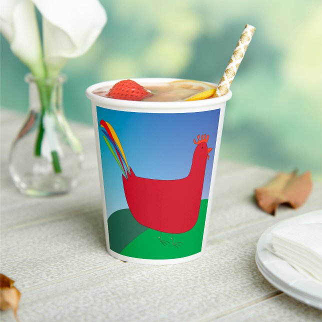 Colourful Red Rooster with Rainbow Tail on Hill  Paper Cups (Creator Uploaded)