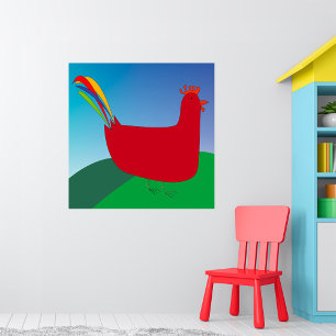 Colourful Red Rooster with Rainbow Tail on Hill  Poster