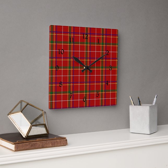 Colourful Red Tartan Plaid Square Wall Clock (Office)