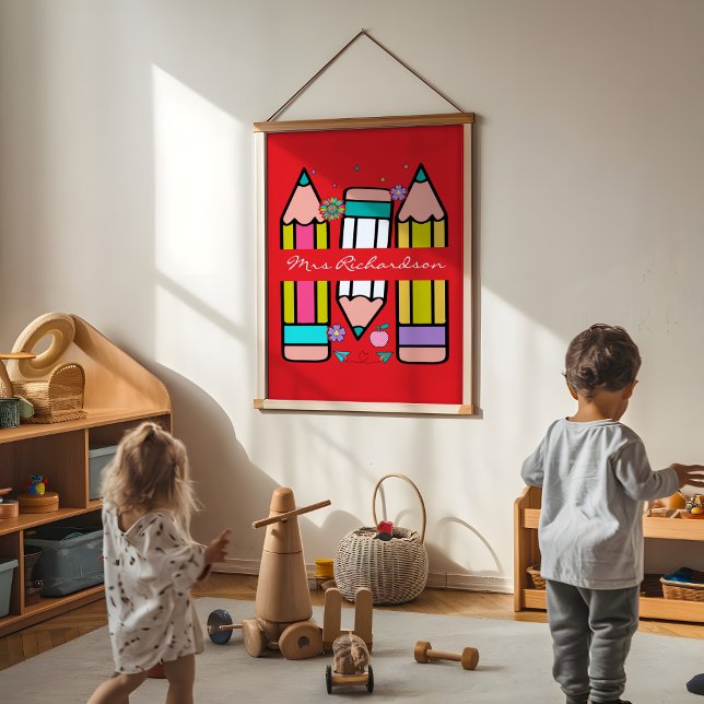 Colourful Red Teacher Cartoon Pencil  Poster (Creator Uploaded)