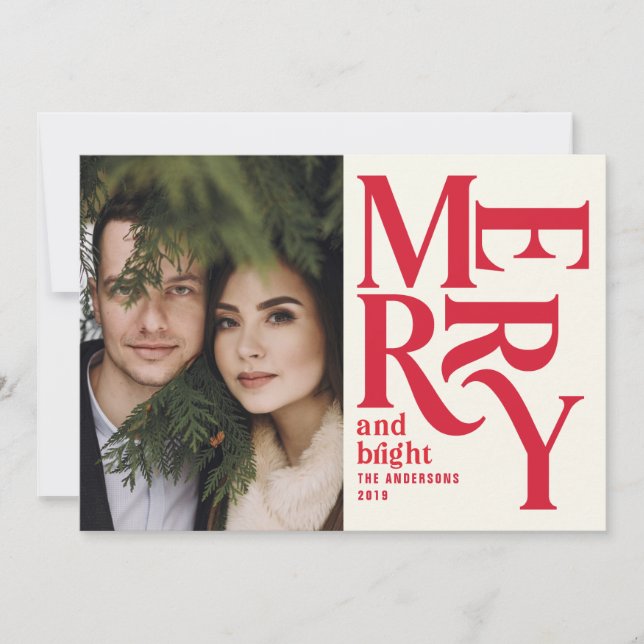 Colourful red vintage merry chritsmas photo announcement (Front)