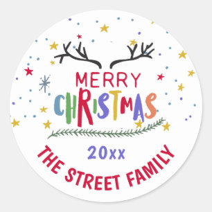 Colourful Reindeer Antler and Stars Merry Christma Classic Round Sticker
