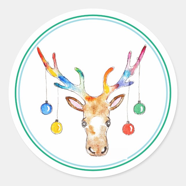 Colourful Reindeer Classic Round Sticker (Front)