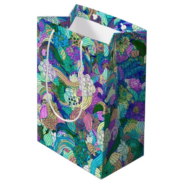 Colourful Reto Flowers Collage Medium Gift Bag (Back Angled)