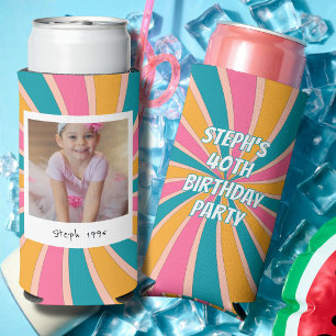 Colourful Retro 40th Birthday Photo Seltzer Can Cooler