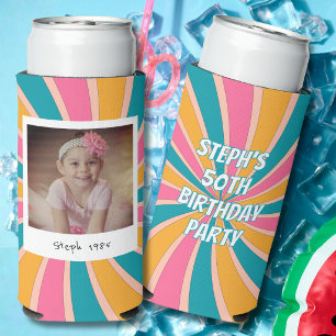 Colourful Retro 50th Birthday Photo Seltzer Can Cooler