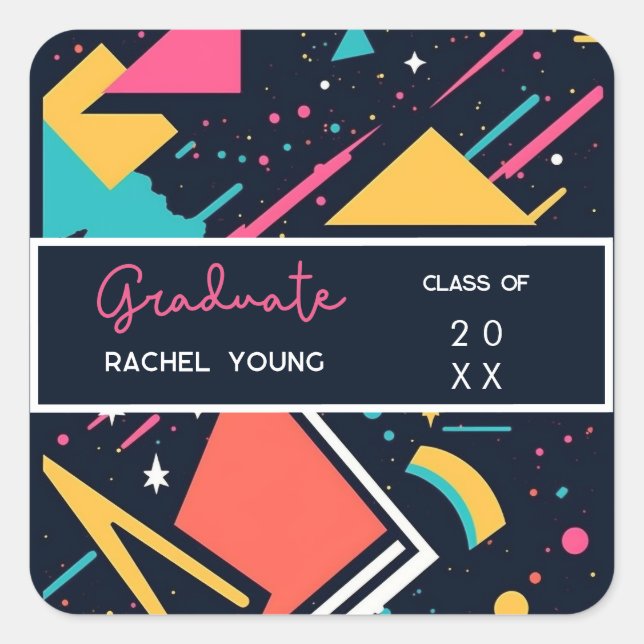 Colourful Retro 80s Blue & Pink Graduation Square Sticker (Front)