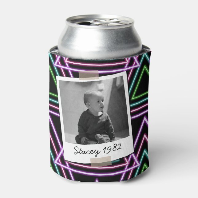 Colourful Retro 80's Neon Geometric 40th Birthday Can Cooler (Can Front)