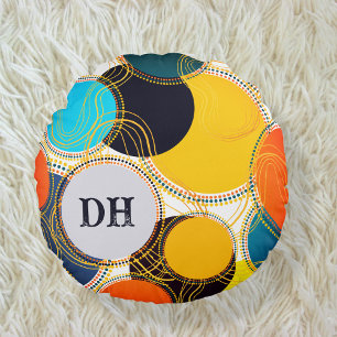 Colourful Retro Abstract Dots Personalise Monogram Round Cushion