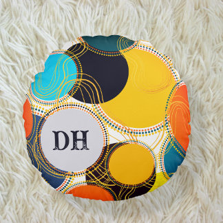 Colourful Retro Abstract Dots Personalise Monogram Round Cushion