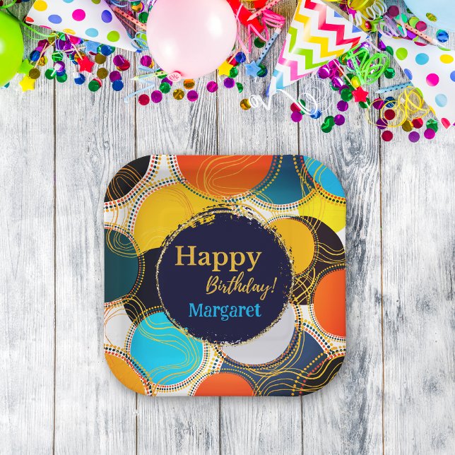 Colourful Retro Abstract Happy Birthday Personalis Paper Plate (Creator Uploaded)