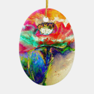Colourful retro Abstract Poppy watercolor  Ceramic Tree Decoration