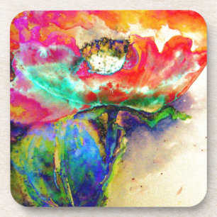 Colourful retro Abstract Poppy watercolor  Coaster