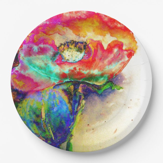 Colourful retro Abstract Poppy watercolor  Paper Plate (Front)