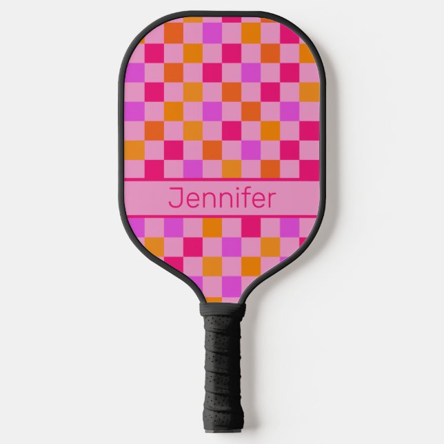 Colourful Retro Aesthetic Checked Pattern Hot Pink Pickleball Paddle (Front)