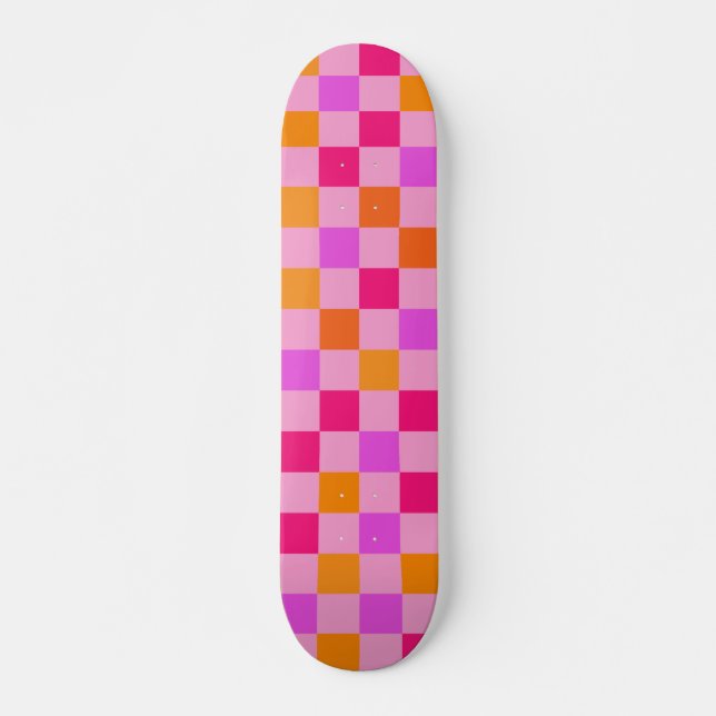 Colourful Retro Aesthetic Checked Pattern Magenta Skateboard (Front)