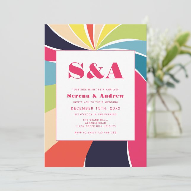Colourful retro art wedding  invitation (Standing Front)